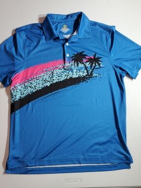 Chubbies Men's Med Tropical  Blue Palm-Graphic Polo Golf Shirt